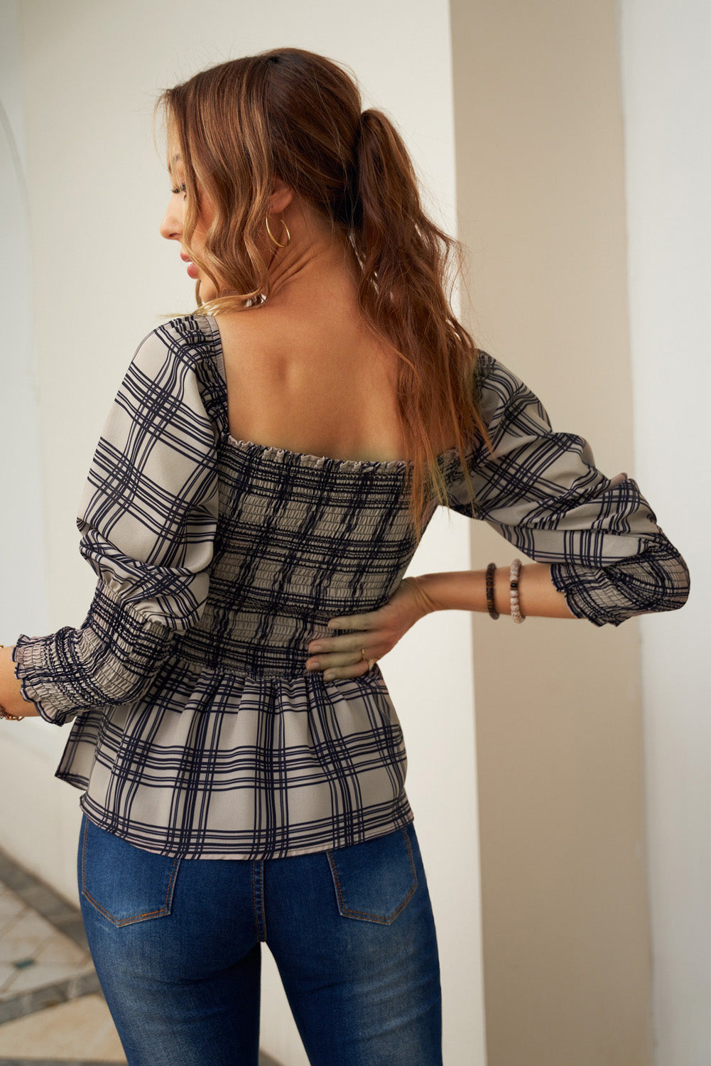 Plaid Square Neck Puffed Sleeve Top