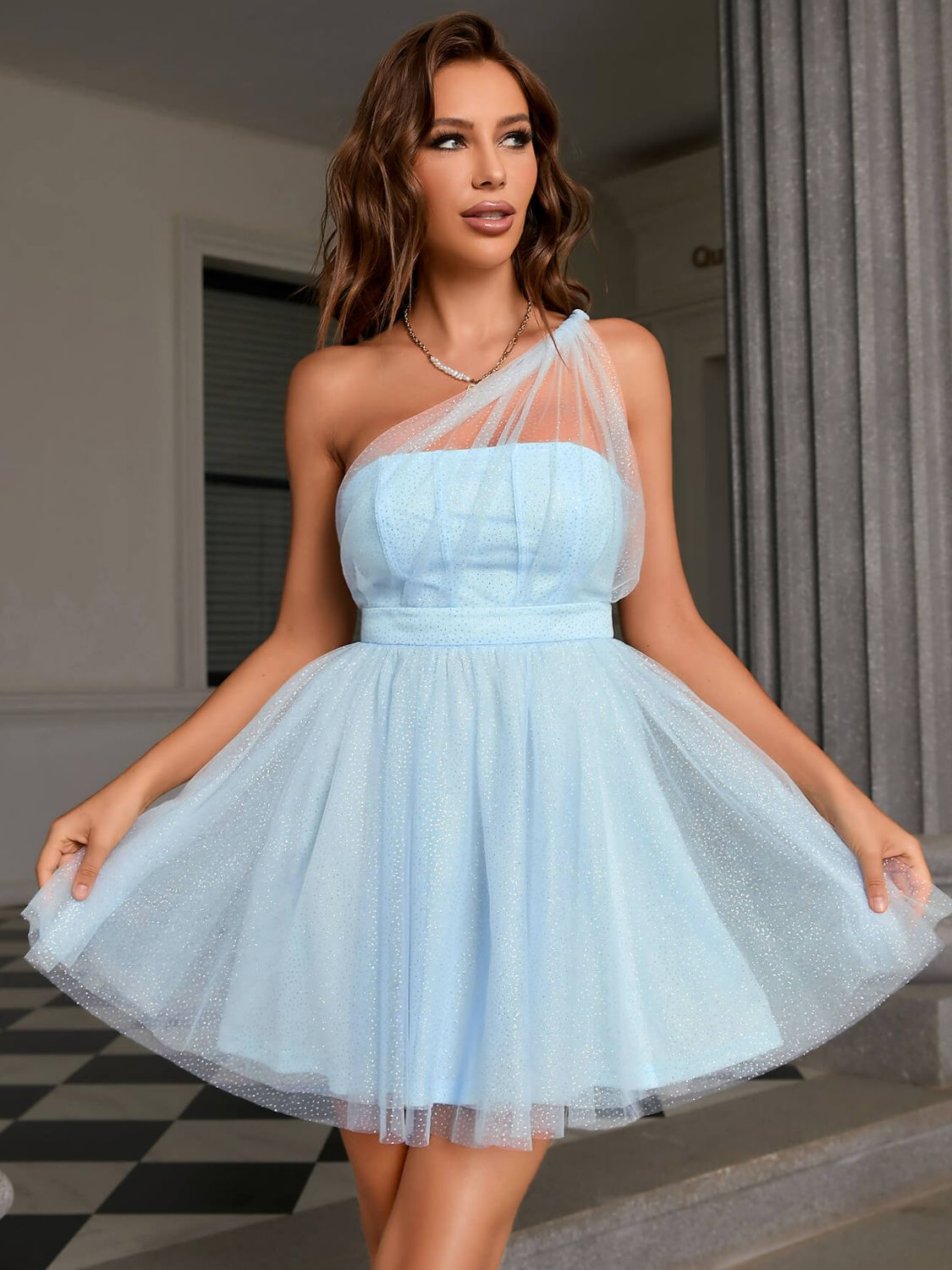 Glitter One-Shoulder Tulle Dress