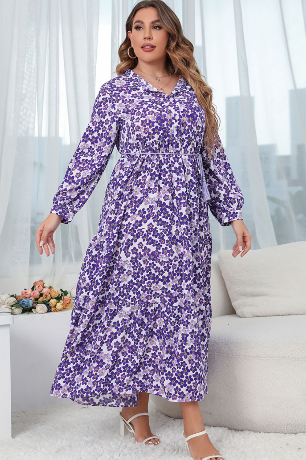 Plus Size Printed Mock Neck Buttoned Maxi Dress