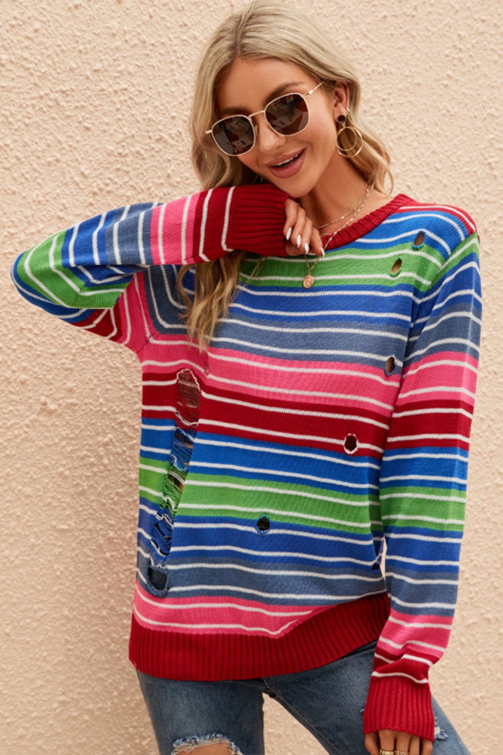 Rainbow Stripe Distressed Round Neck Sweater