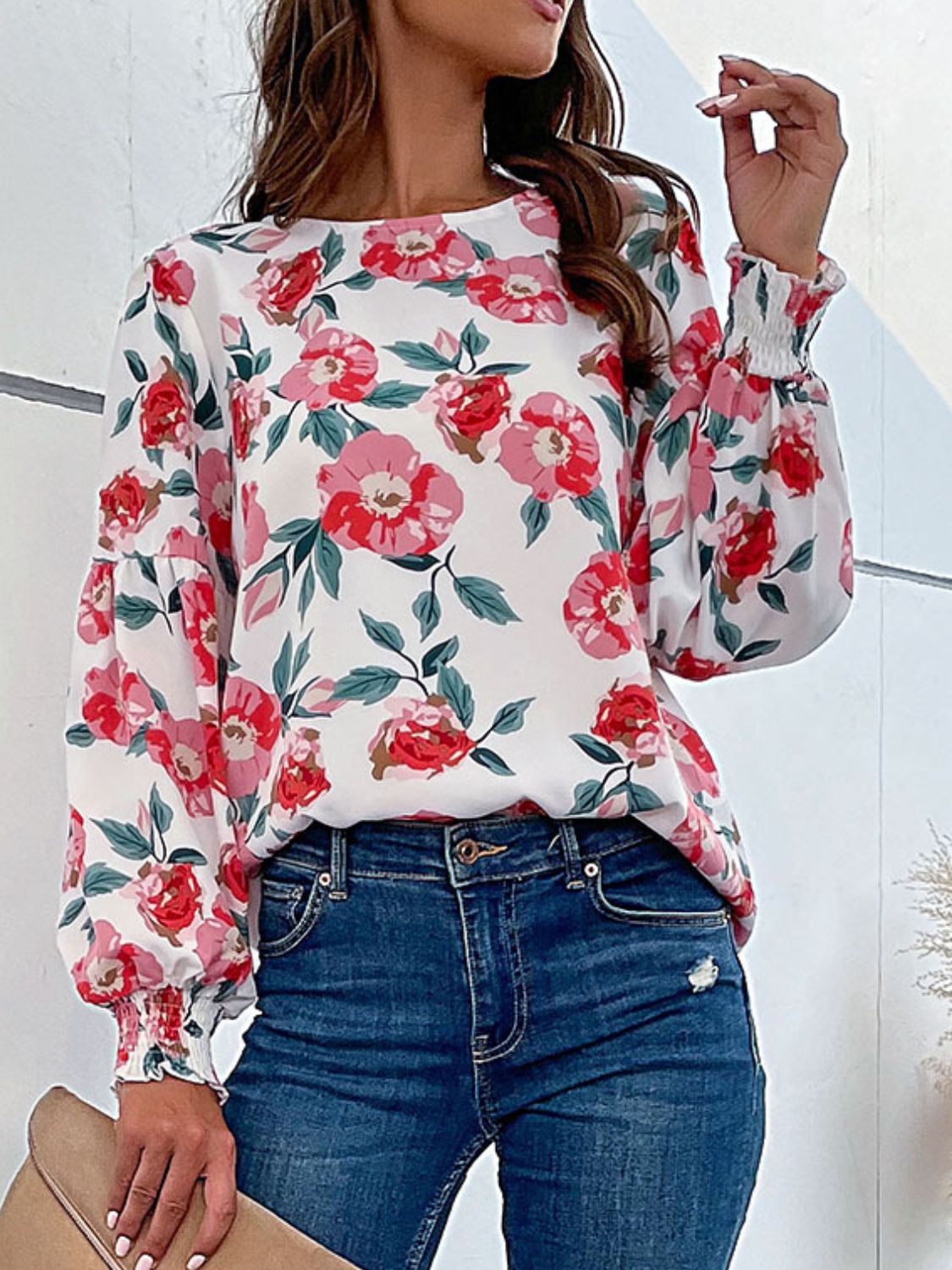 Floral Long Puff Sleeve Round Neck Blouse