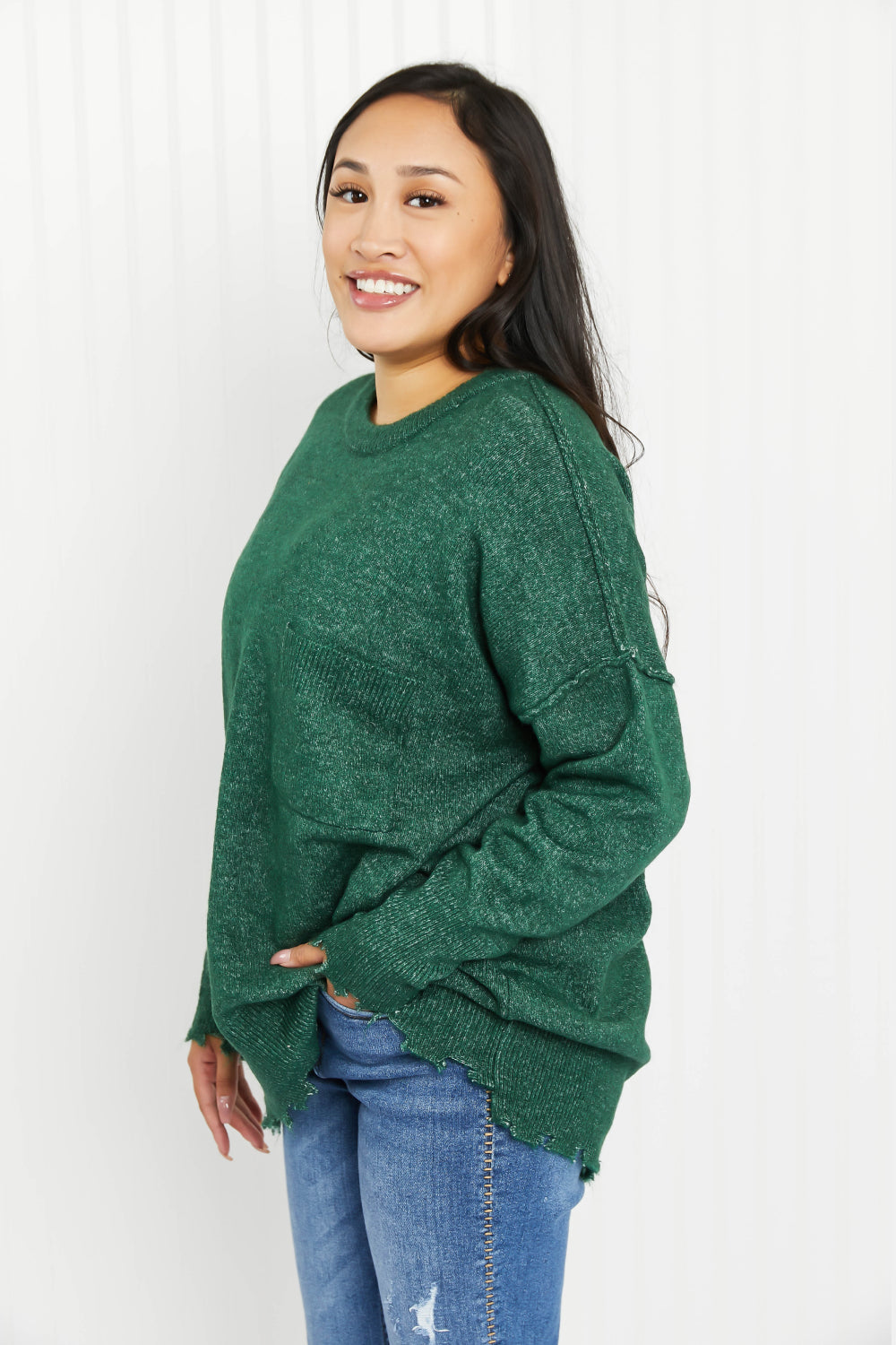 Zenana Pine Views Full Size Distressed Melange Sweater