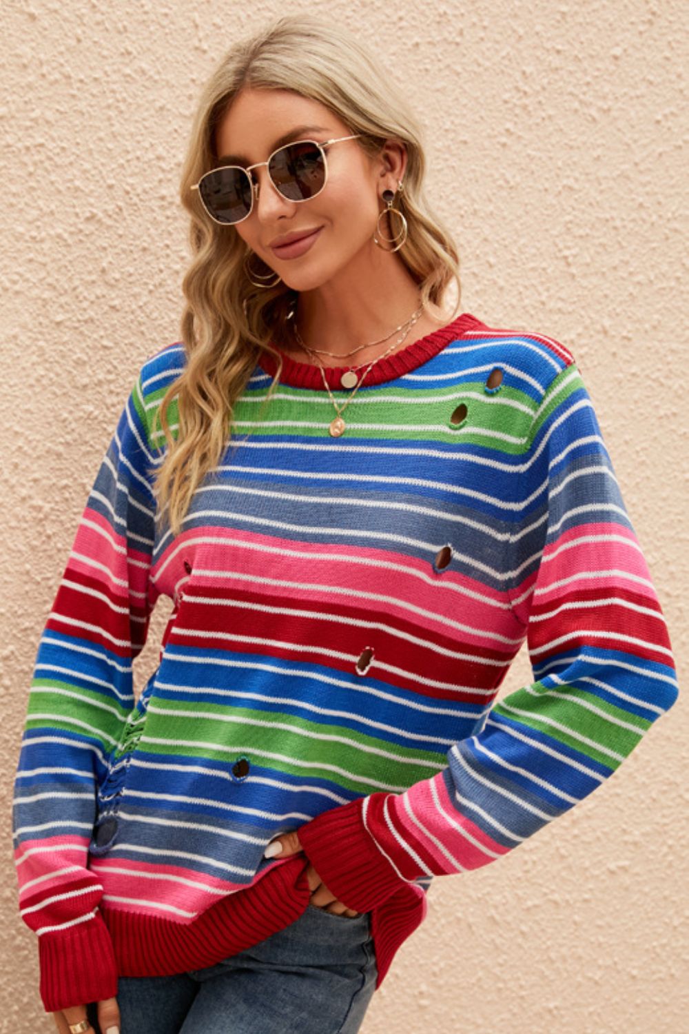 Rainbow Stripe Distressed Round Neck Sweater