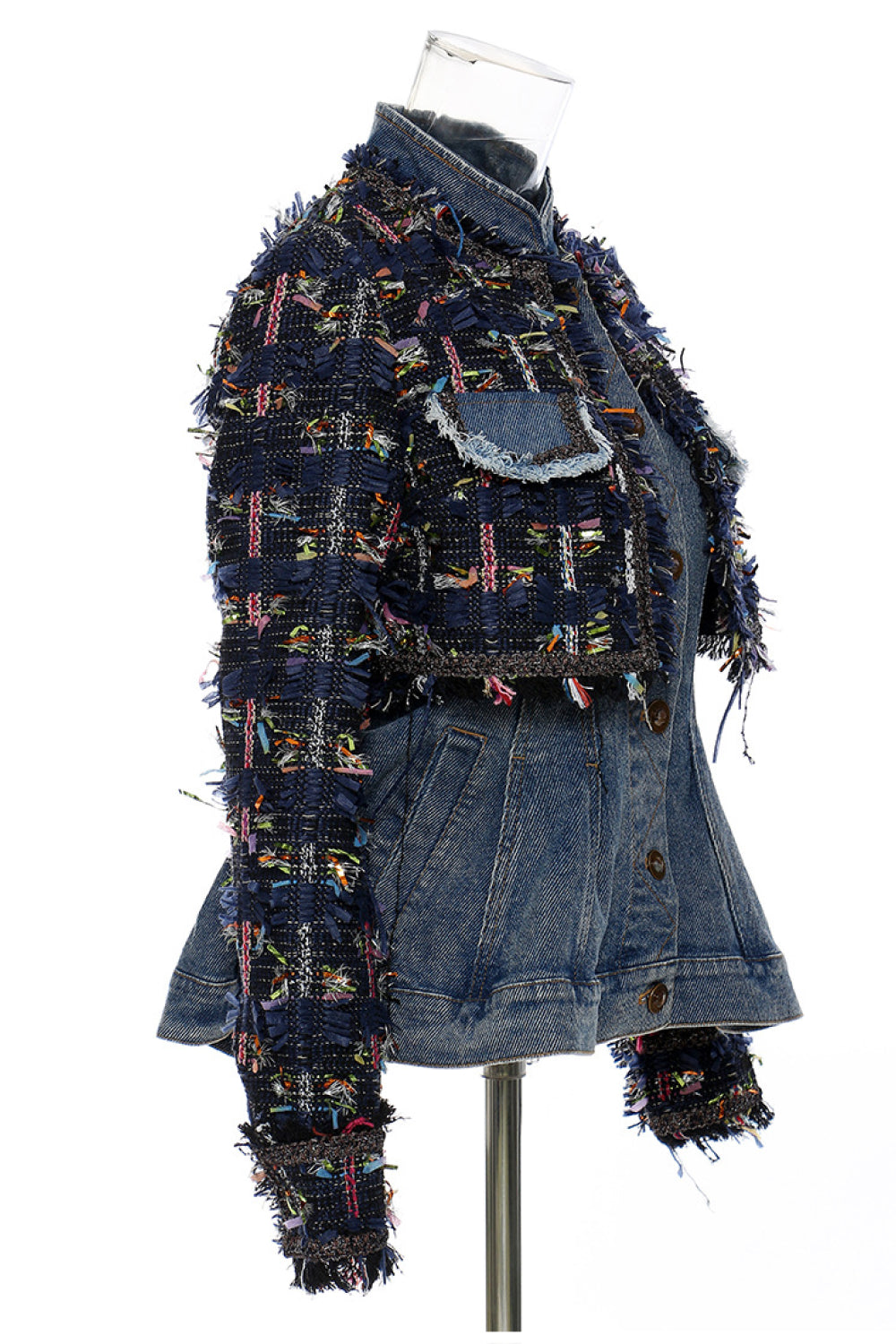 GAWQO Fringe Detail Cropped Jacket and Denim Vest Set