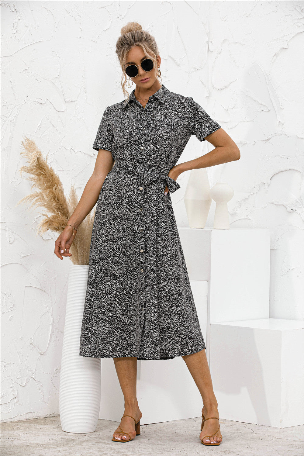 Printed Button Front Belted Shirt Dress