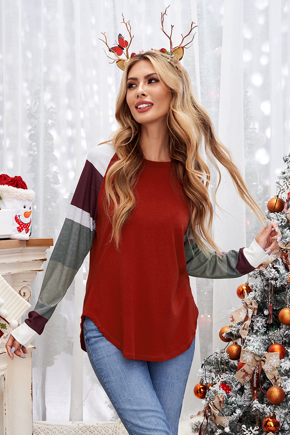 Double Take Color Block Curved Hem Long Sleeve Tee