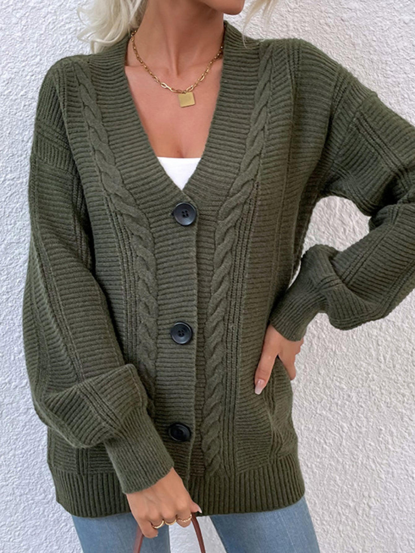 Cable-Knit Button Down Ribbed Trim Cardigan