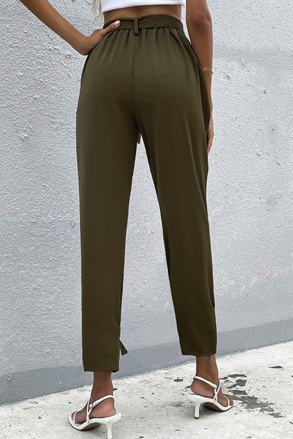 Tie Detail Belted Pants with Pockets