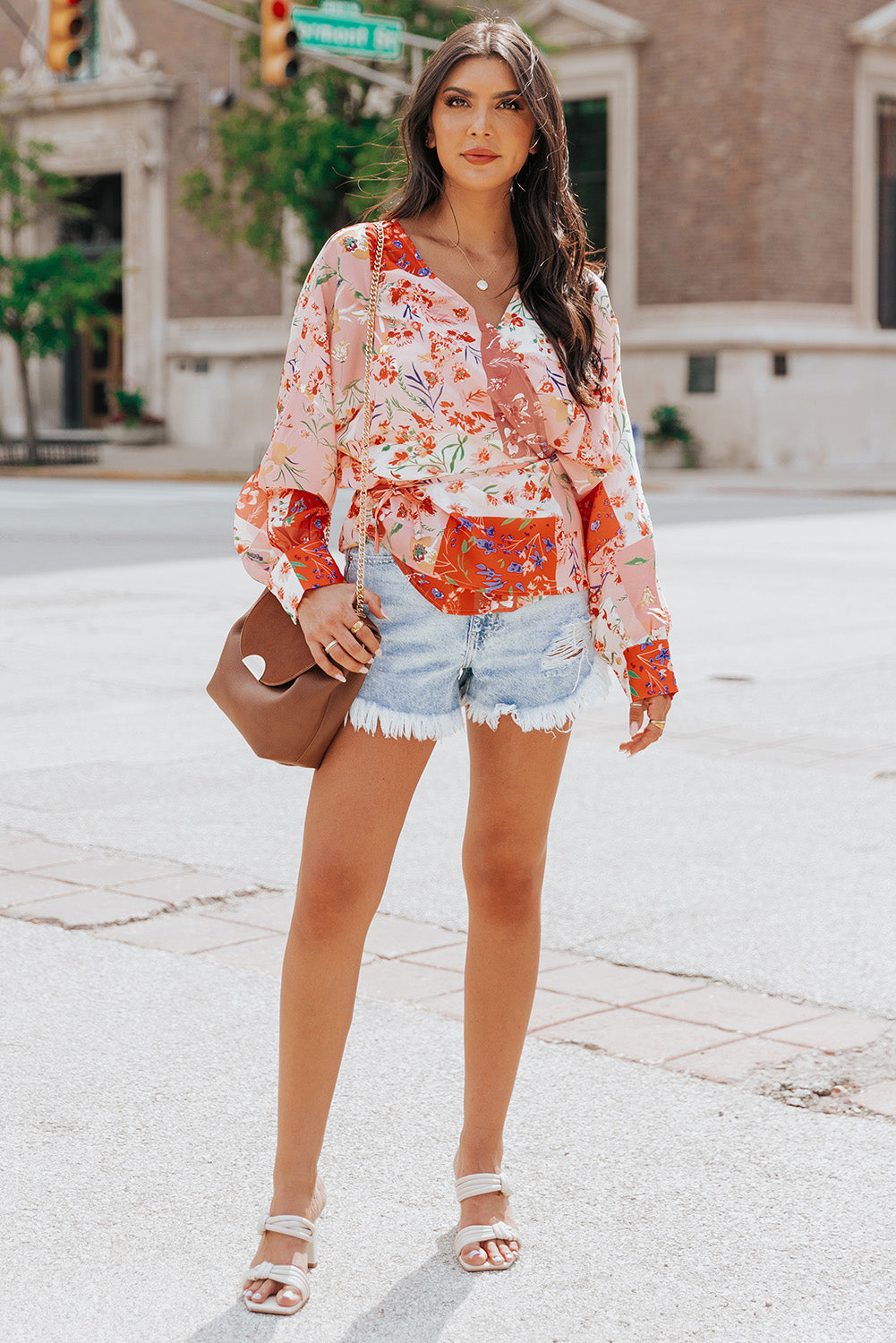 Floral Patchwork Tied Long Sleeve Blouse