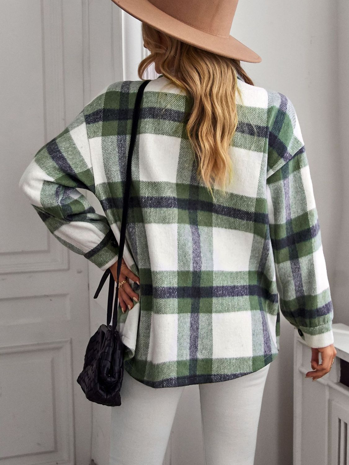 Plaid Button Front Brushed Shacket with Breast Pockets