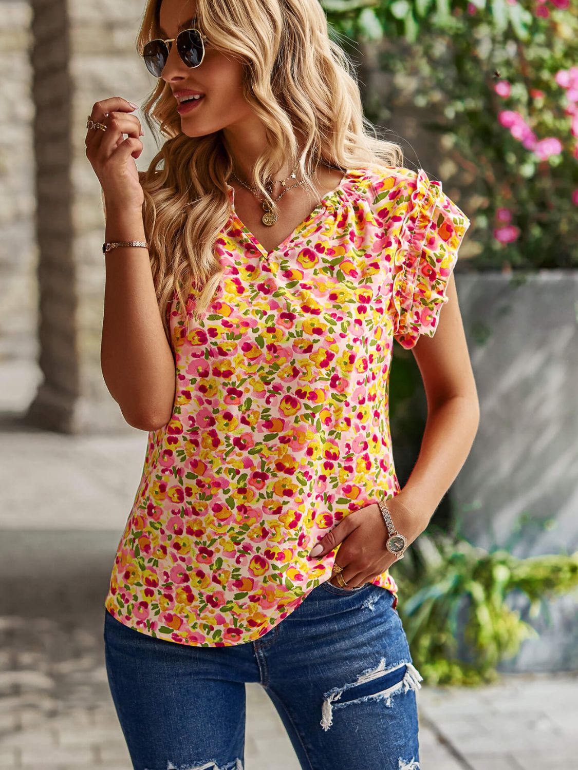 Printed Flutter Sleeve Notched Top