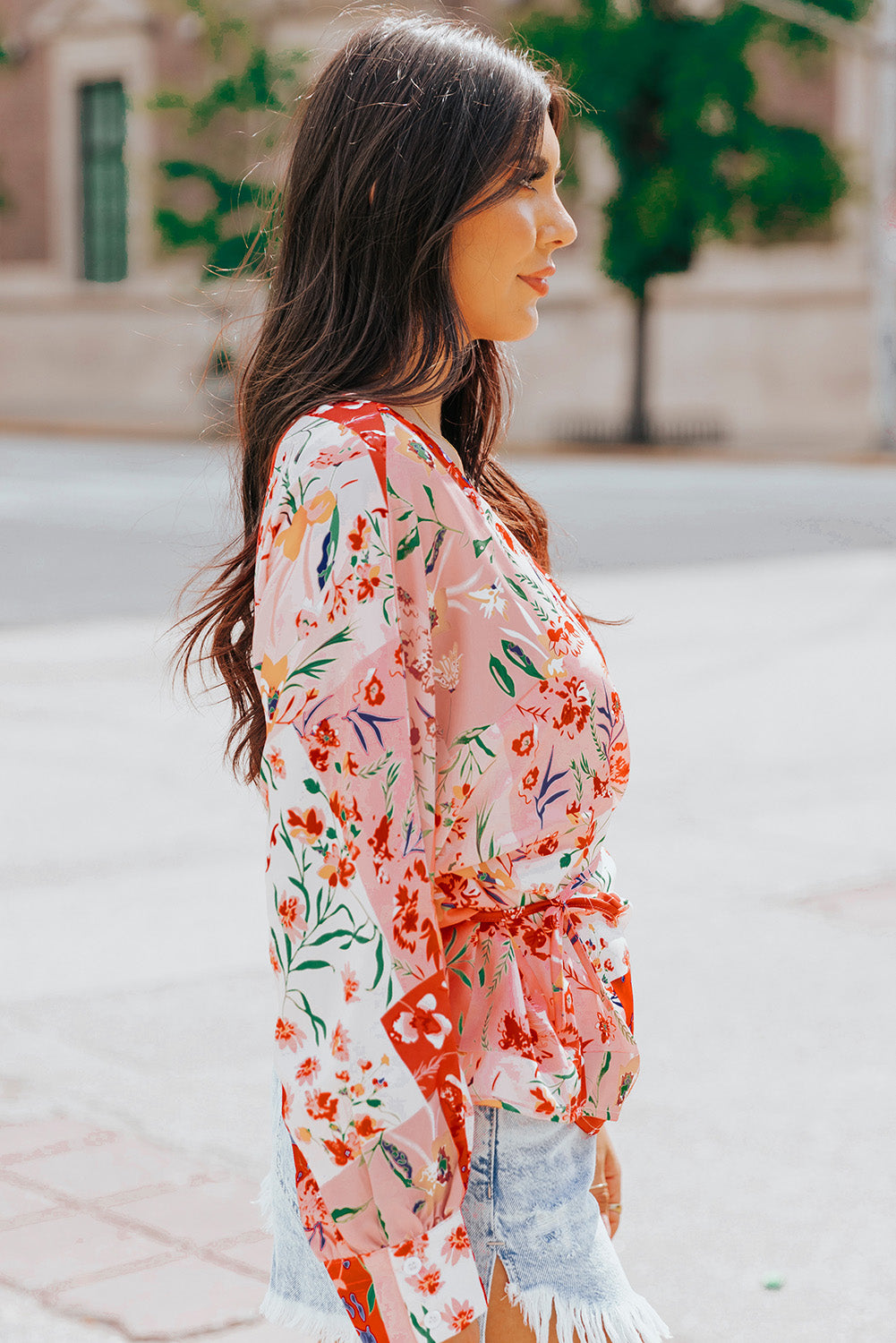Floral Patchwork Tied Long Sleeve Blouse