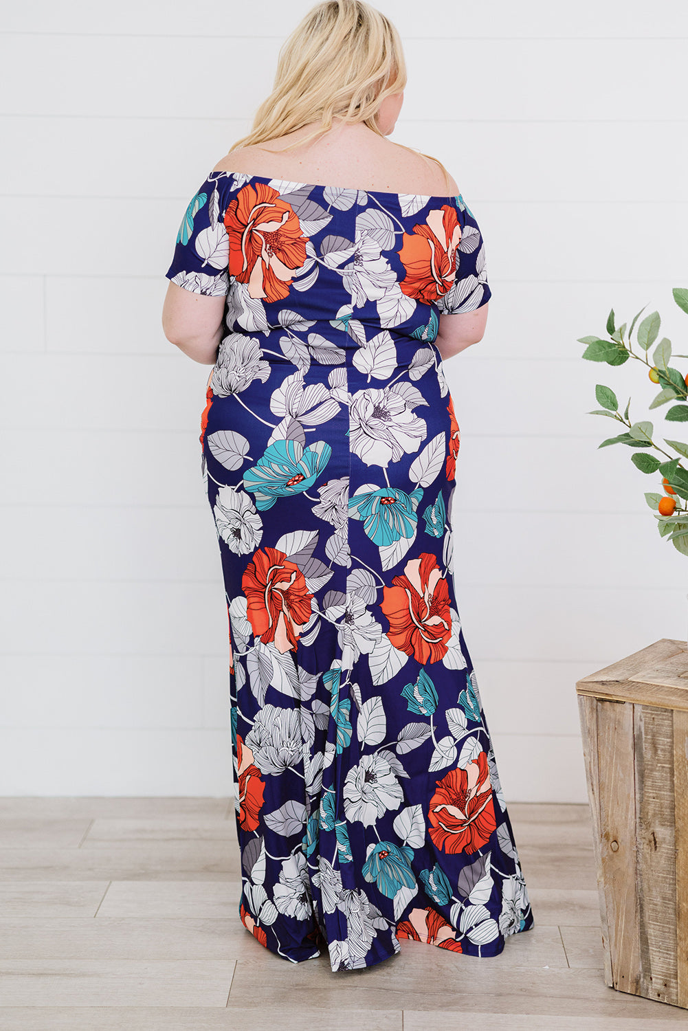 Plus Size Floral Off-Shoulder Short Sleeve Fishtail Dress