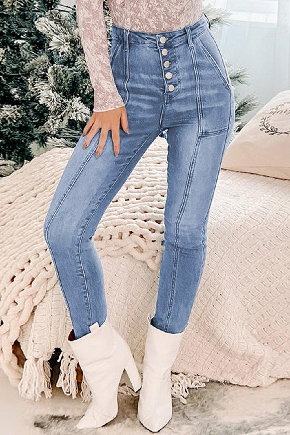 Button Fly Center Seam High Rise Jeans