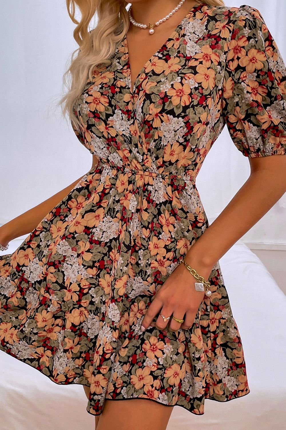 Floral Puff Sleeve Tie Back Dress